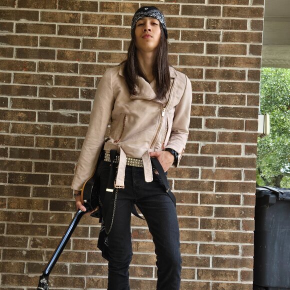 Unisex- Beige Faux Suede Biker Jacket - Picture 4 of 5